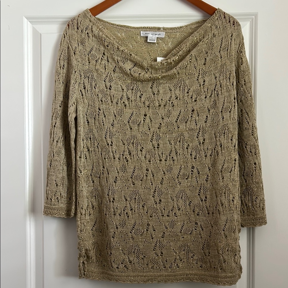 August Silk Tan Drape Neckline & Gold Sparkle Sweater with Intricate Knit